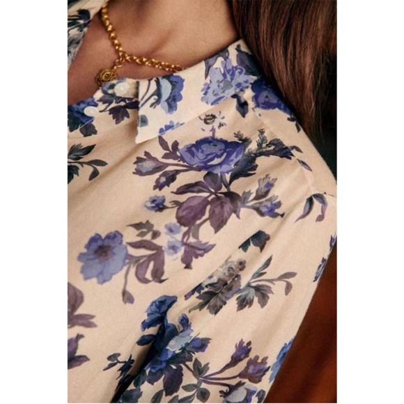 SEZANE NWT Blue & White Floral Printed Lightweight Silk Button Down Pierro Shirt - Picture 5 of 15